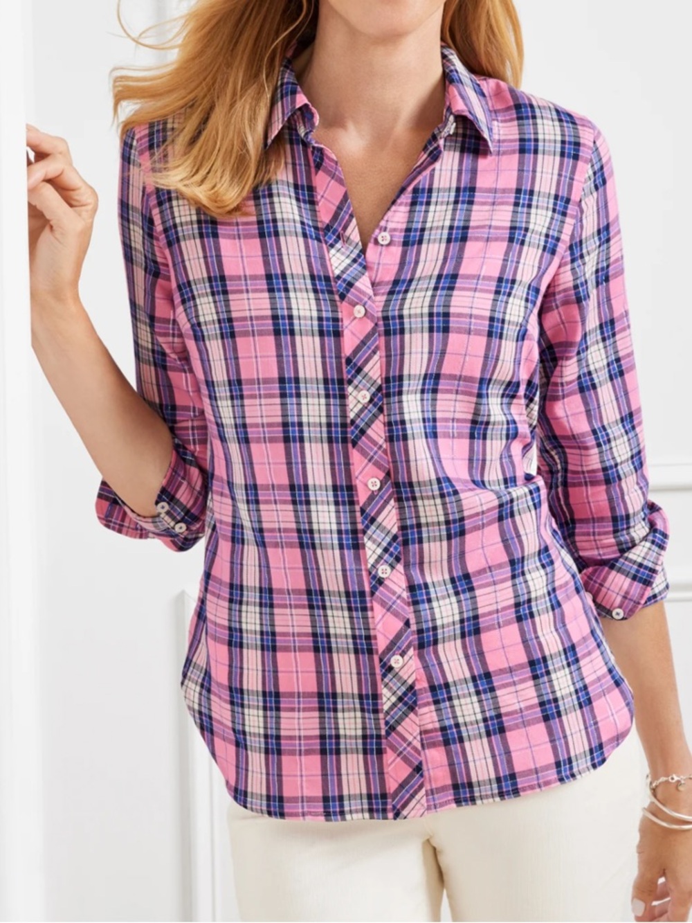 Lightweight Pink and Blue Plaid Long Sleeve Shirt with Silver Threads, Small